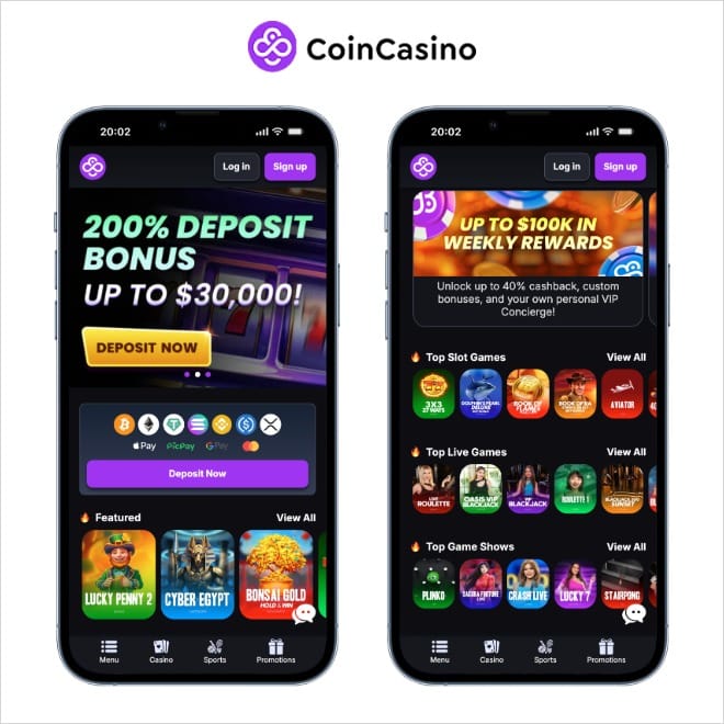 coincasino mobile screenshots on a white background